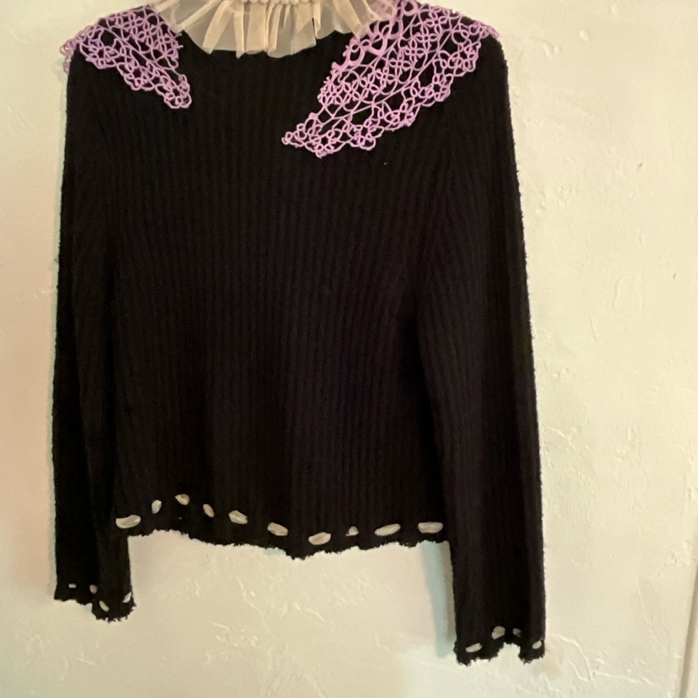 Mixed Media Upcycled Cardigan Sweater Purple Lace Pearl Embellished Black Large - Picture 3 of 5